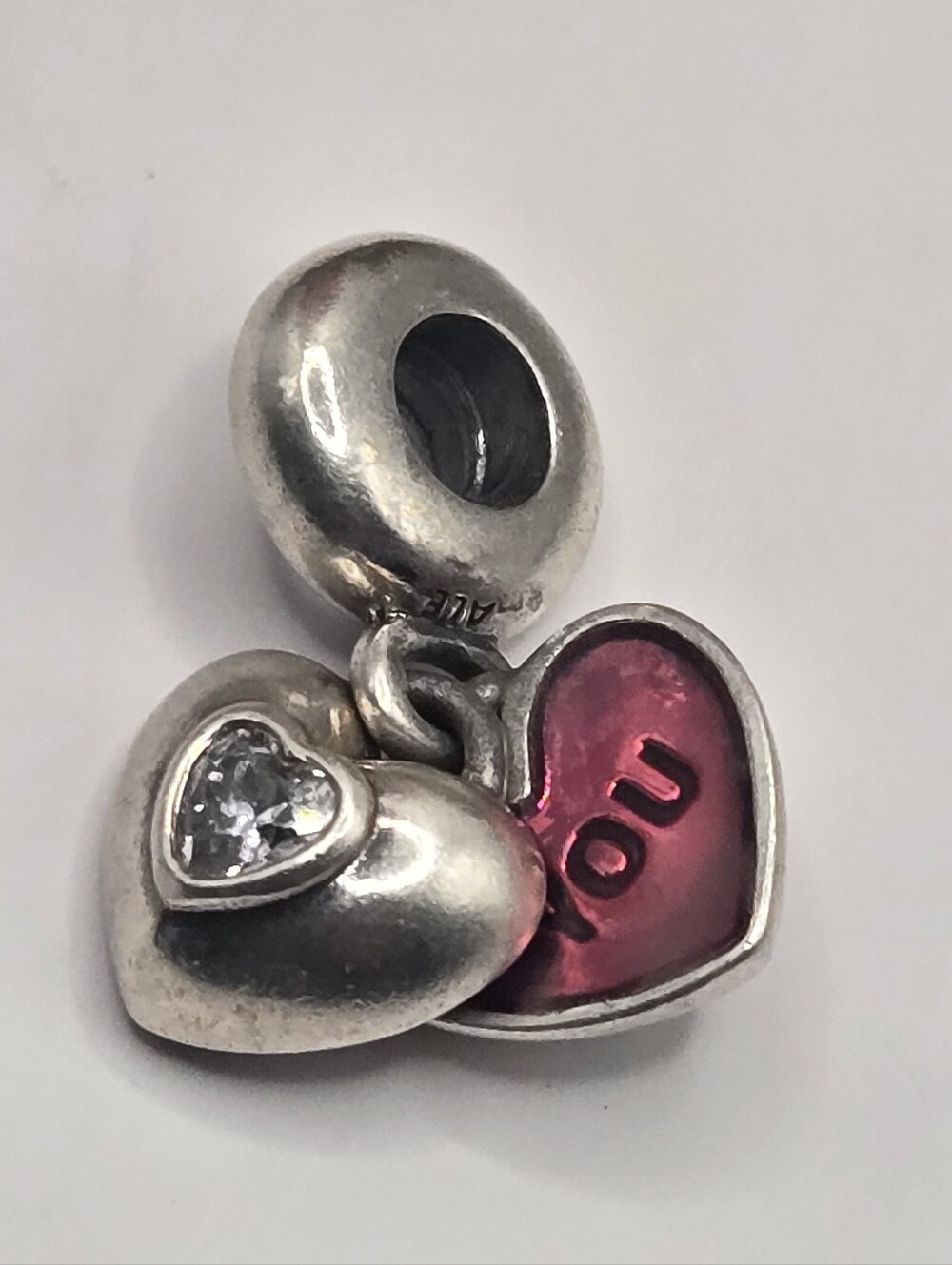 Pandora Double Heart Dangle Charm with Pink Enamel and Clear Stone
